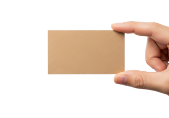 Hand holding tan business card mockup template presentation corporate identity branding isolated on transparent background