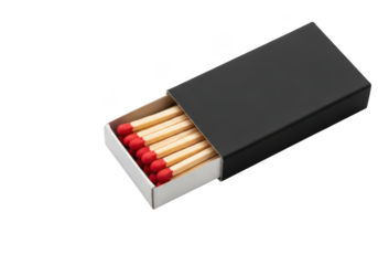 High-resolution image of a matchbox with matches, fire starters, safety matches, and ignition elements for designers and creators, isolated on transparent background