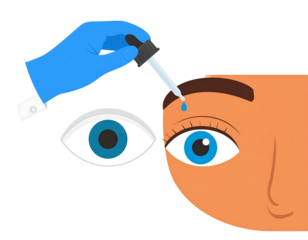 Eye being treated with a dropper by a gloved hand, near an eye graphic, all on a black background
