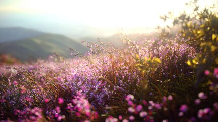 Obraz premium Field of lavender flowers bathed in sunlight with mountains in background