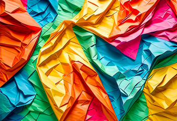 Close-up of a background made of bright multi-colored crumpled paper