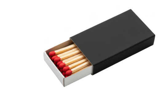 High-resolution image of a matchbox with matches, fire starters, safety matches, and ignition elements for designers and creators, isolated on transparent background