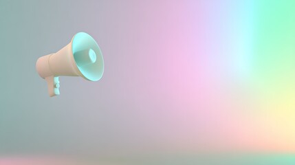 directional. Minimalist megaphone icon floating against an abstract gradient background in soft lighting. menu design, packaging mockups, designed for culinary blogs and recipe cards for restaurants.