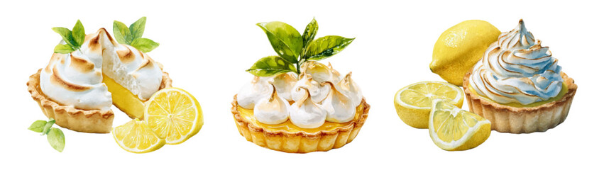 Obraz premium Watercolor set of lemon tarts. Shortcrust pastry with cream and lemons decorated with mint. Lemon desserts with Mediterranean motifs. Refreshing summer sweets.