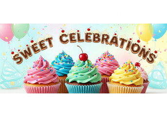 Sweet cupcakes with colorful frosting and balloons