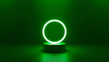 Glowing green oval neon light on a pedestal in a dark room