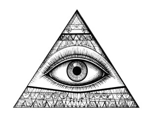 Eye inside a detailed pyramid illustration with patterned lines. Black and white vector image on black background