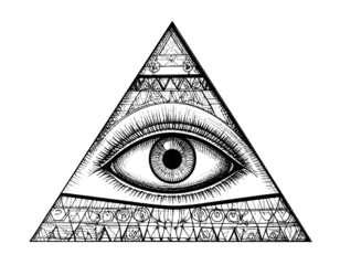 Eye inside a detailed pyramid illustration with patterned lines. Black and white vector image on black background