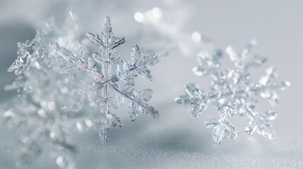 Stunning macro view of delicate snowflakes glistening in soft light, perfect for winter holiday backgrounds and festive seasonal designs, frosty elegance