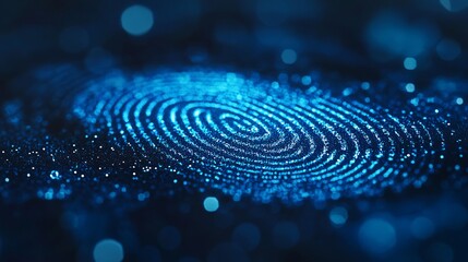 Futuristic fingerprint security scan with glowing blue light for digital identity and biometric authentication, representing cutting edge technology