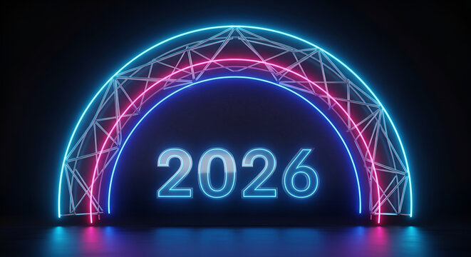 2026 New Year Celebration with Glowing Neon Lights and Futuristic Arch Structure - Powered by Adobe