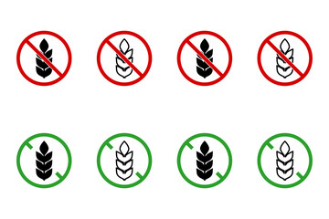 Green and Red No Gluten or Gluten Free Round Circle Package or Product Info Label Stamp Sign Icon Set with Circle Backslash and Wheat or Grain Ear Symbol. Vector Image.