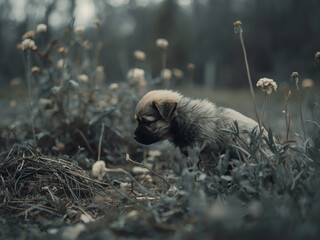 A very sad and distressed puppy at his friend's grave