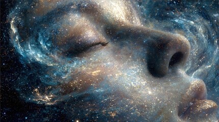 Fototapeta premium Dreamy face in the cosmos with glowing stars, a peaceful cosmic beauty, perfect for conveying serenity, inspiration, and the wonders of the universe