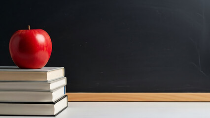 Red apple on stack of books in front of blackboard