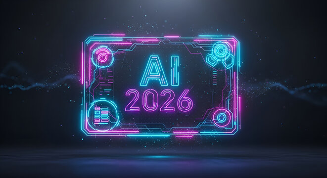 AI 2026 futuristic neon technology concept with digital HUD frame