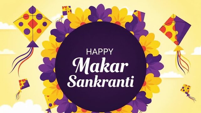 Happy Makar Sankranti | Makar Sankranti wish video with simple minimal background surrounded with flying kites and artistic mandalas.