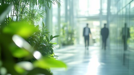 Modern office hallway with lush green plants creating a vibrant and inviting business environment for professionals on the go