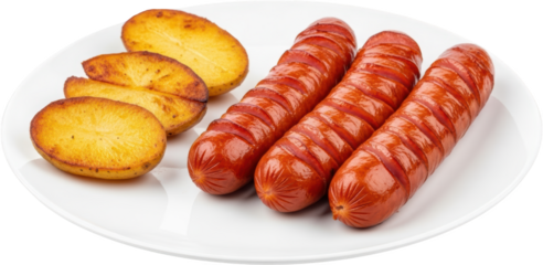 Three grilled sausages with diagonal cuts served with golden potato wedges on a white plate hot dogs french fries meat food meal dinner lunch cooking preparation