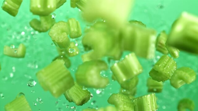 Sliced pieces of celery rise and fall on a green background. Filmed on a high-speed camera at 1000 fps. High quality FullHD footage