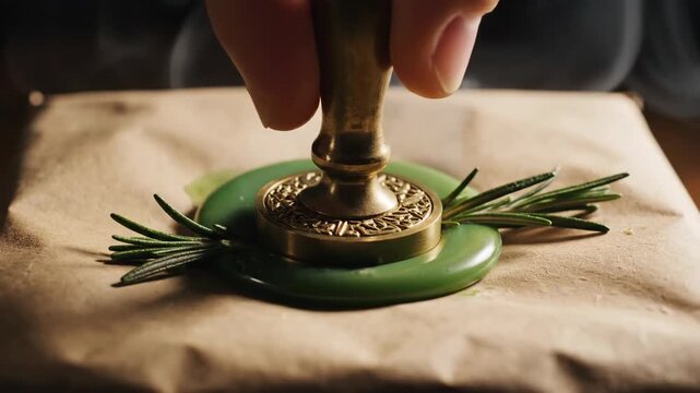 Carefully pressing a brass seal into warm green wax, delicate rosemary sprigs add a touch of nature. The atmosphere is warm and inviting, as smoke wisps rise softly.