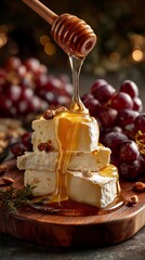 Gourmet Cheese Board Platter: Honey Drizzle on Soft Cheese with Grapes.