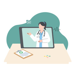 Fototapeta premium Flat Vector Medical Telehealth Consultation Scene