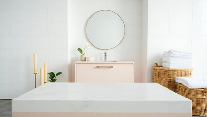 Modern bathroom vanity with oval mirror and woven basket