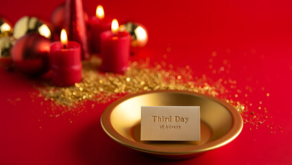 Warm glowing red candles and golden ornaments scattered on a vibrant red background with a small golden bowl holding a festive greeting card creating a cozy and celebratory atmosphere for holidays