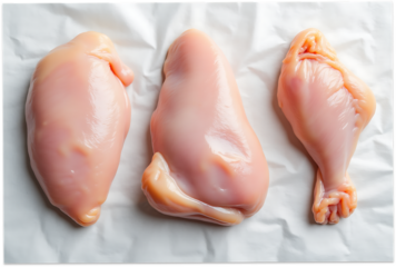 Three raw chicken breasts arranged on white paper