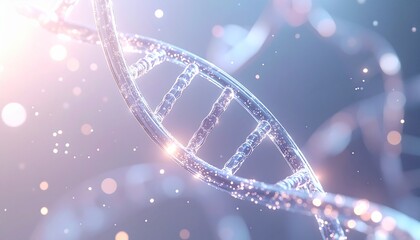 3D animation of a transparent DNA double helix rotating in slow motion, illuminated with soft glowing particles that flow along the strands. The helix appears glass-like and futuristic.