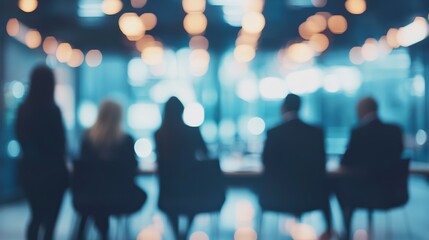 Abstract business meeting in a modern office with soft lighting creates an atmosphere of collaboration and creativity, ideal for corporate communications