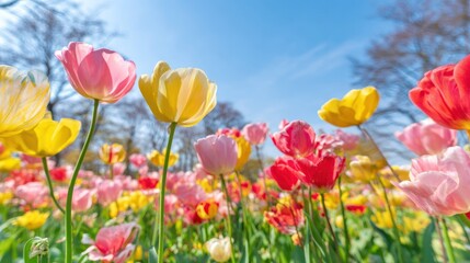 Fototapeta premium Vibrant tulip field blossoms under a clear blue sky in bright sunlight