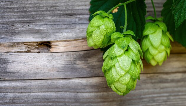 Close up view of green hop cones covered with water droplets against a rustic wooden wall background - Powered by Adobe