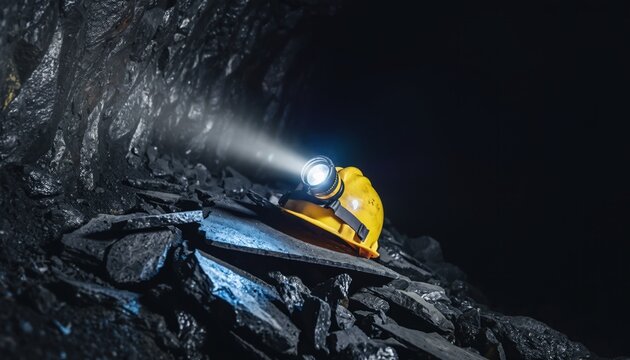 A bright yellow hard hat with a headlamp illuminates a dark coal mine mining - Powered by Adobe