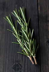 Fresh rosemary sprigs on dark rustic wood