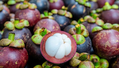 A pile of ripe mangosteen fruits with one cut in half revealing white segments