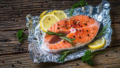 Raw salmon steak seasoned with peppercorns and herbs garnished with lemon slices on foil