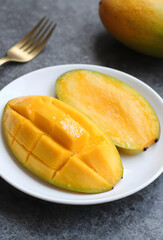Ripe mango slices arranged on plate with vibrant color pop