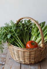 Rustic basket of freshly harvested herbs and vegetables natural farm aesthetic