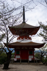 Beautiful red pagoda in Japan surrounded by trees on a cloudy day