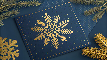 Christmas Luxury gold  invitation card design vector. Christmas pine leaves, snowflake with gold foil and spot texture on navy blue background. Design illustration for cover, print, poster, ads.
