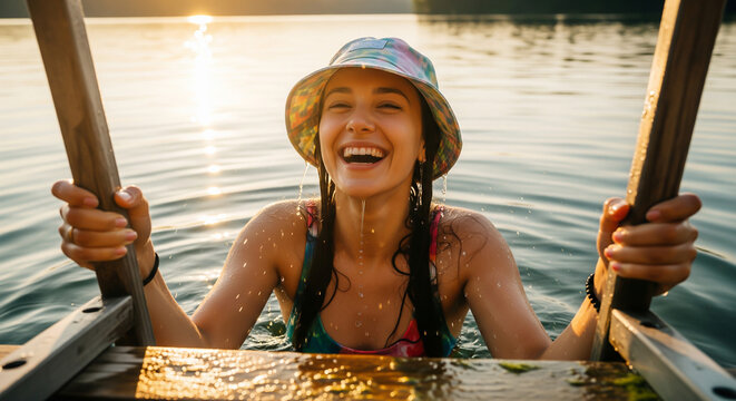 Cheerful young woman wearing a colorful hat climbing a ladder in a lake. Ideal for summer vacation, travel lifestyle, and youth happiness. - Powered by Adobe