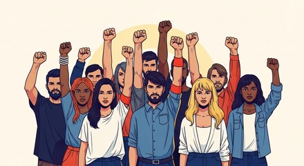 Fototapeta premium Diverse Group with Raised Fists – Stylized Illustration of Solidarity, Protest, and Social Justice 