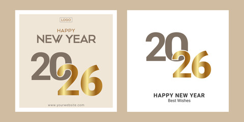 Elegant minimalist Happy New Year 2026 logo, Greetings Card design Vector template set with numbers in Nevy blue, Marron, white and golden colors lettering with Happy New Year 2026 decorative elements