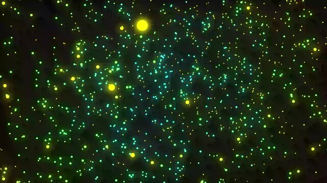 Glowing Green and Yellow Particles Rotating in 3d Space