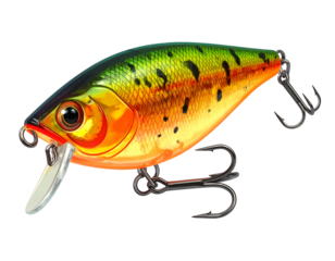 Fishing lure with detailed scales, vibrant orange, green, and yellow hues, and black hooks on a dark background
