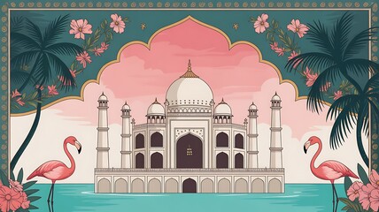 Traditional Mughal garden scene in Pichwai style featuring peacock and arches, designed for wallpaper