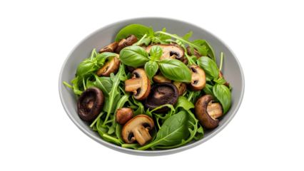 Delicious sauteed mushroom and arugula salad ready to eat in a bowl