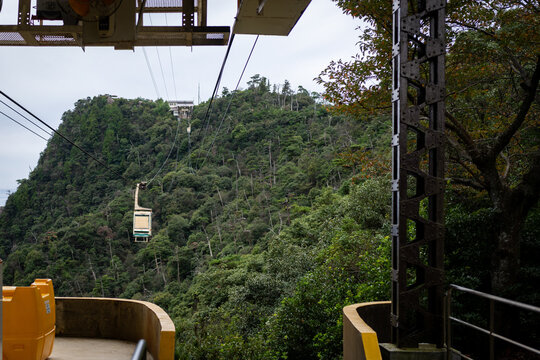 Cable car ascending a lush green mountain on a cloudy day